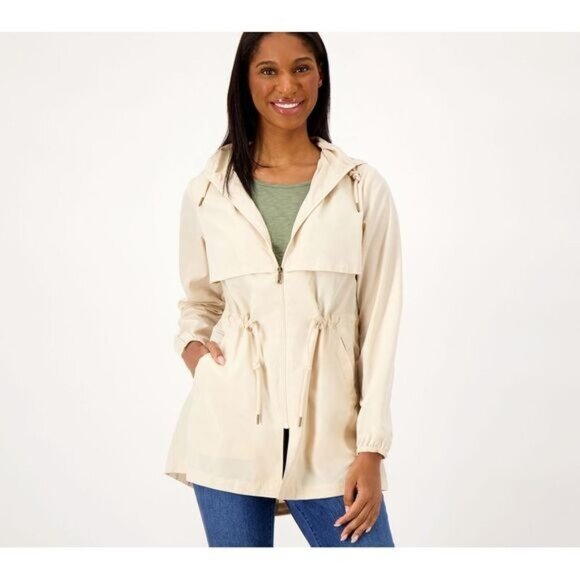 Zuda Woven Cinched Waist Hooded Anorak Jacket Womens XS Sand Cream Polyester NEW - Picture 1 of 6